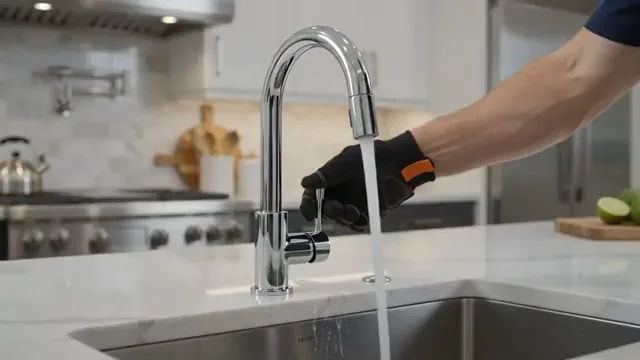 Technician repairing chrome sink faucet